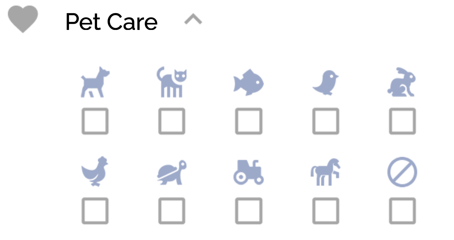 Search options to click with icons of pets 